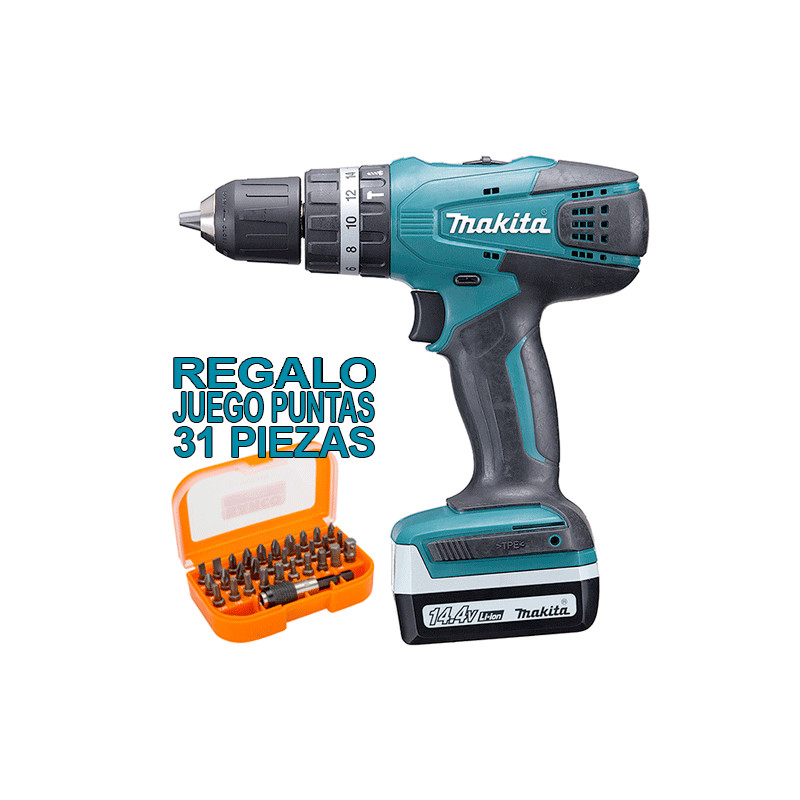 Taladro Combinado 14.4V 30Nm 1,5Ah HP347DWE + Juego 30 Puntas + Adaptador 14.4V Taladro Combinado 14.4V 30Nm 1,5Ah HP347DWE + Juego 30 Puntas + Adaptador 14.4V