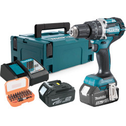Taladro Combinado MAKITA DHP484RTJ BL 18V 54Nm 2 Baterías 5.0Ah + Juego Puntas 18V