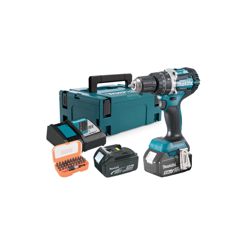 Taladro Combinado MAKITA DHP484RTJ BL 18V 54Nm 2 Baterías 5.0Ah + Juego Puntas 18V Taladro Combinado MAKITA DHP484RTJ BL 18V 54Nm 2 Baterías 5.0Ah + Juego Puntas 18V