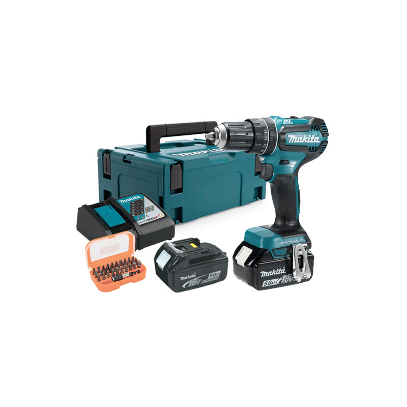 Taladro Combinado MAKITA DHP485RTJ 18V 50Nm 2 BATERÍAS 5.0Ah + Juego Puntas 18V Taladro Combinado MAKITA DHP485RTJ 18V 50Nm 2 BATERÍAS 5.0Ah + Juego Puntas 18V