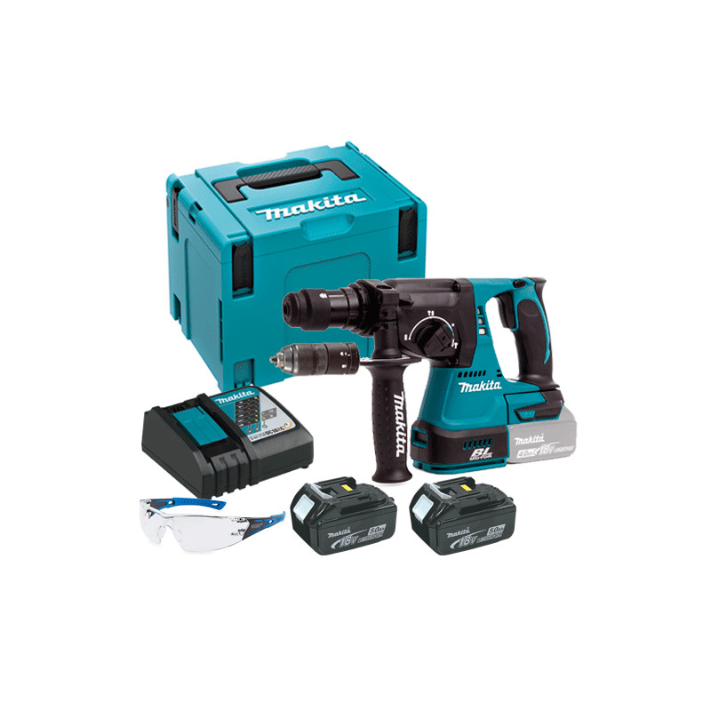 Martillo Electroneumático MAKITA 3 Modos 24mm 18V 2 Baterías 5.0Ah 2 Portabrocas DHR243RTJ + GAFAS PROTECCION 18V Martillo Electroneumático MAKITA 3 Modos 24mm 18V 2 Baterías 5.0Ah 2 Portabrocas DHR243RTJ + GAFAS PROTECCION 18V