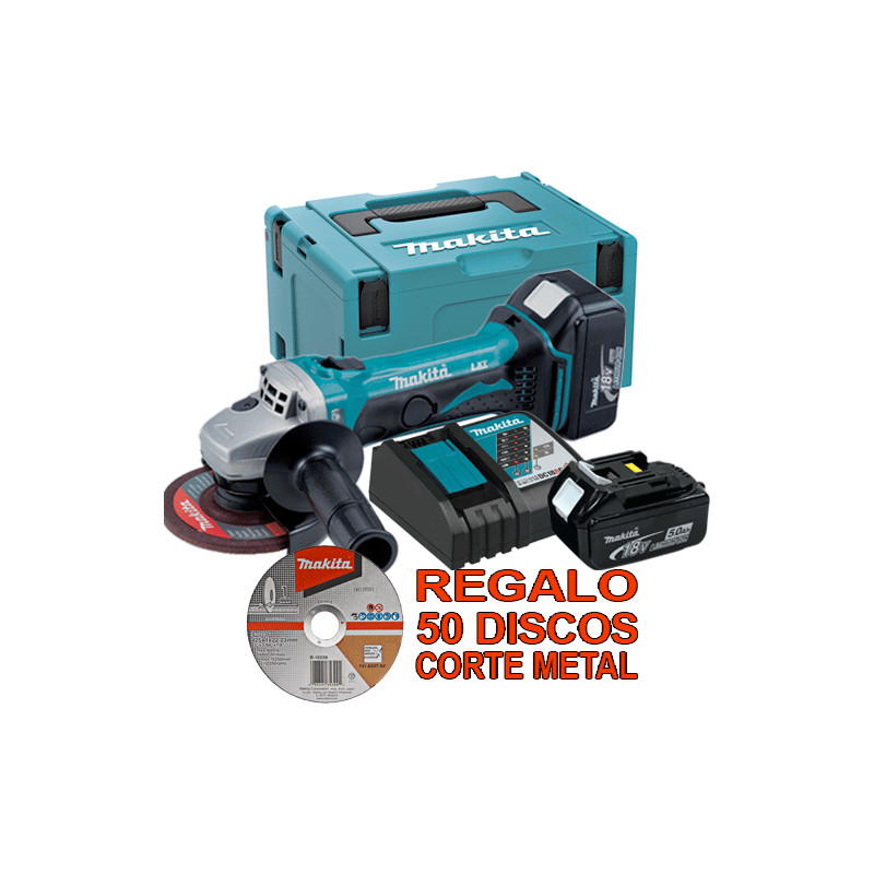 Amoladora MAKITA 18V 115mm 5.0 Ah DGA452RTJ + 50 Discos Corte 115 mm