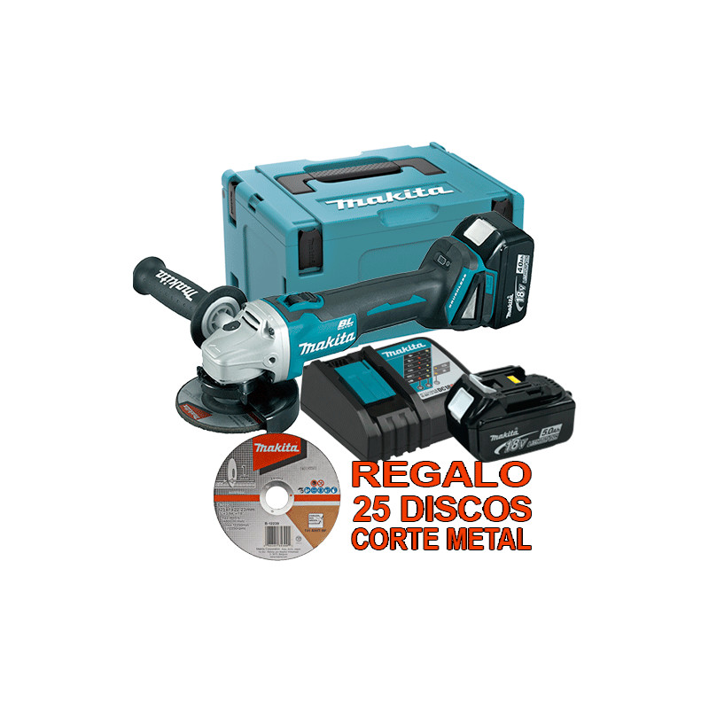Amoladora MAKITA 18V 115mm 5.0 Ah Bruhsless DGA454RTJ + Regalo 25 Disco Corte Metal 115 mm Amoladora MAKITA 18V 115mm 5.0 Ah Bruhsless DGA454RTJ + Regalo 25 Disco Corte Metal 115 mm