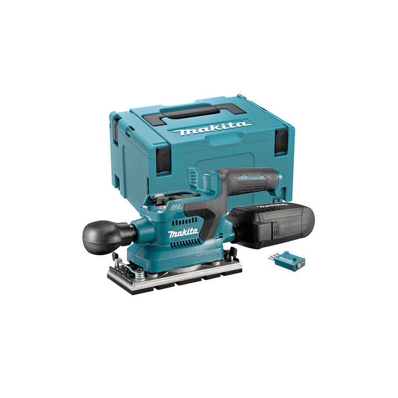 Lijadora Orbital MAKITA DBO381ZJU AWS 18V BL 93x185mm + Makpac + Conector AWS Lijadoras y Cepillos