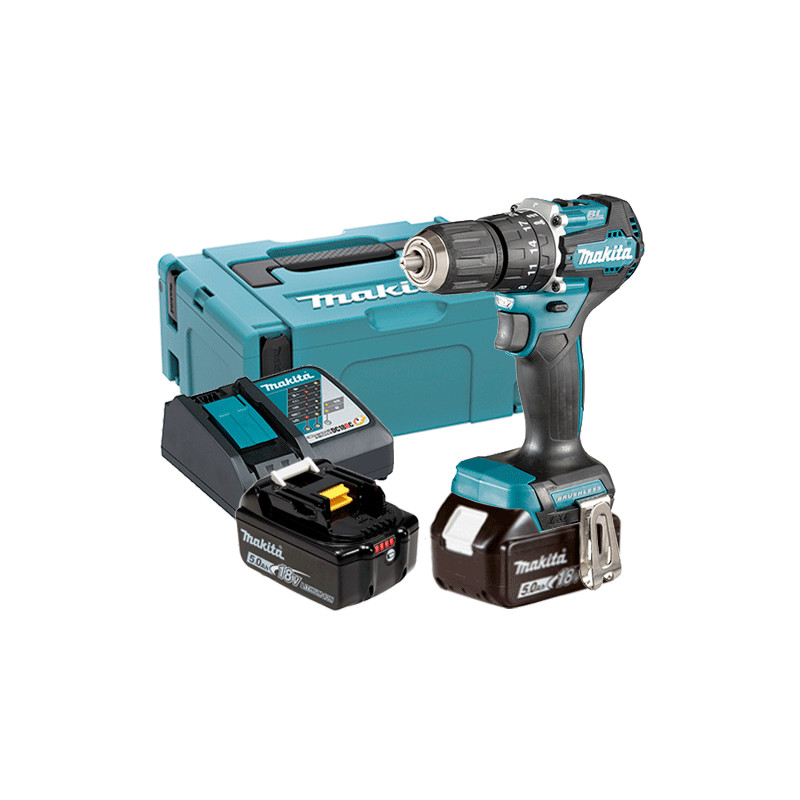 Taladro Combinado MAKITA DHP487RTJ BL 18V 40Nm + 2 Baterías BL1850B 5.0Ah + Cargador Rapido + Maletin MakPac 18V