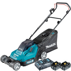 Cortacésped MAKITA DLM432Z 2x18V Ancho 43cm 575m² Altura Regulable + 2 baterias 5.0Ah + Cargador Rapido Doble Cortacésped Bat...