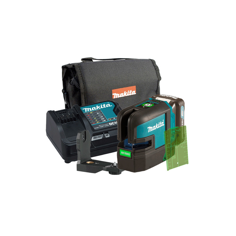 NIVEL LÁSER MAKITA SK106GDZ 12V Líneas Cruzadas Verdes 4 Puntos + Bateria 2.0Ah + Cargador Niveles