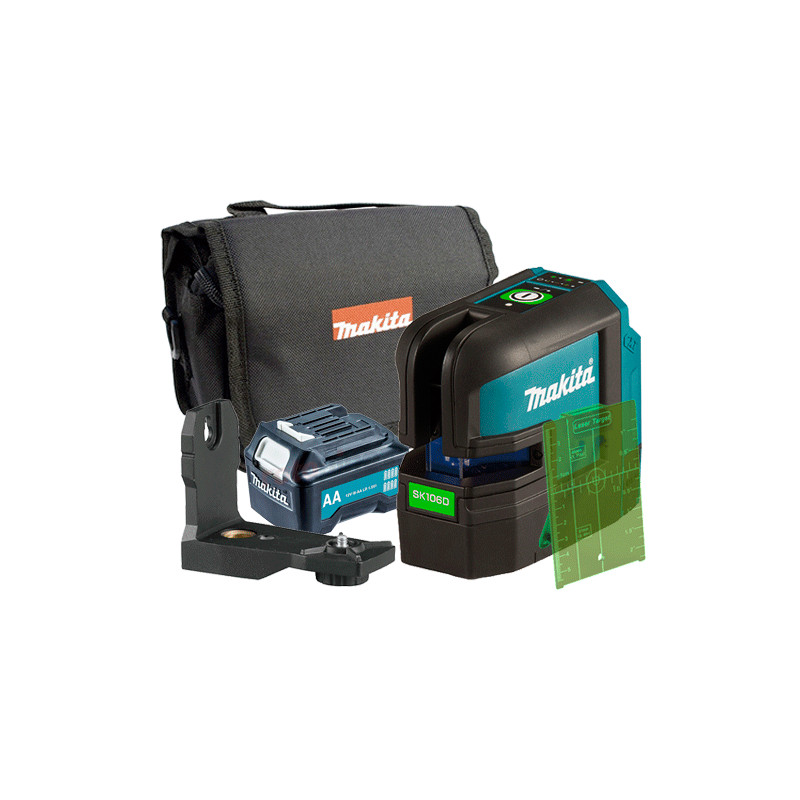 NIVEL LÁSER MAKITA SK106GDZ Líneas Cruzadas Verdes 4 Puntos 12V + Adaptador Pila AAA + Funda Tela + Visor Niveles
